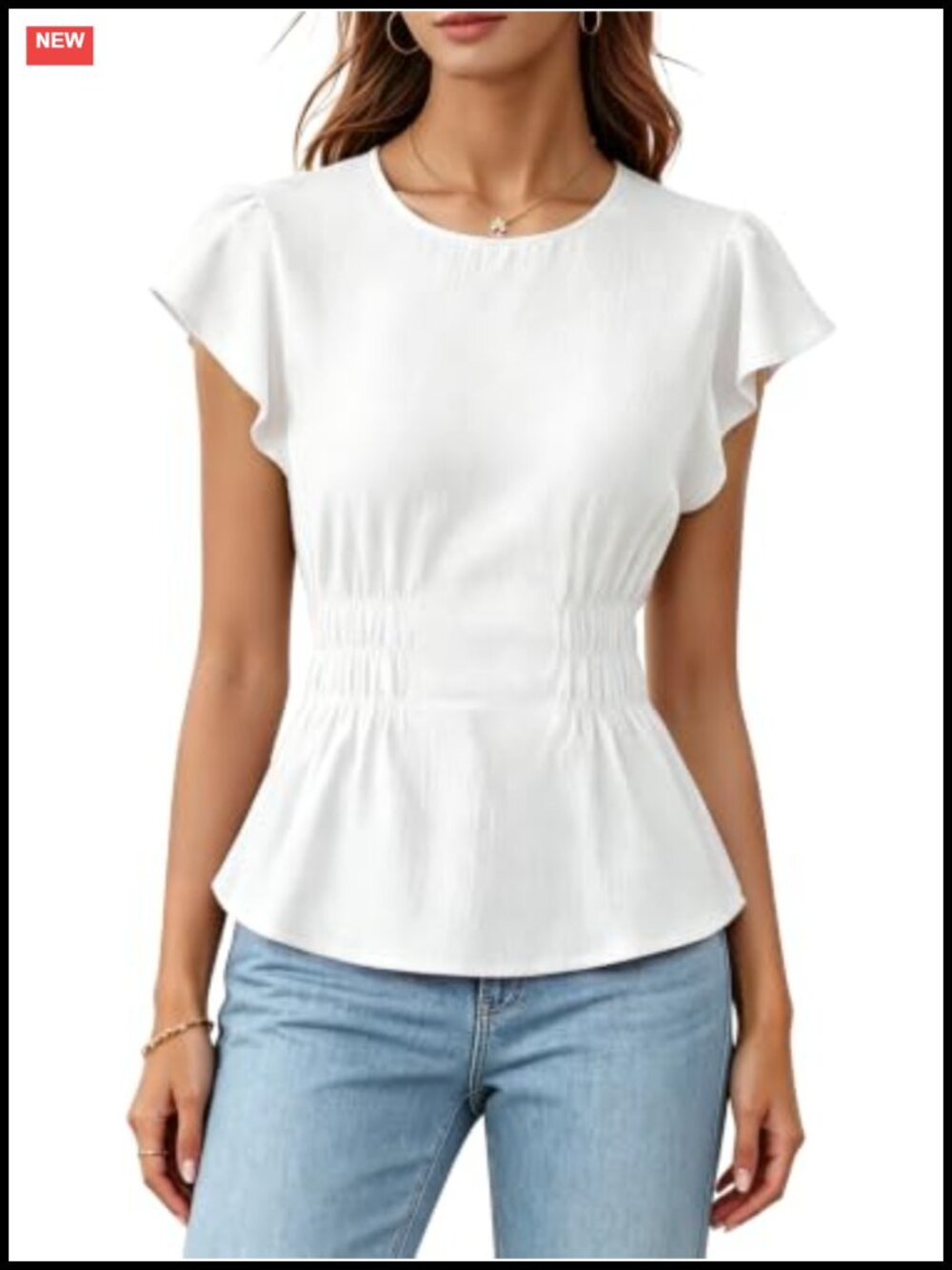 Ruffle Short Sleeve Peplum Top Blouse Crew Neck Smocked Waist Women's Fashion